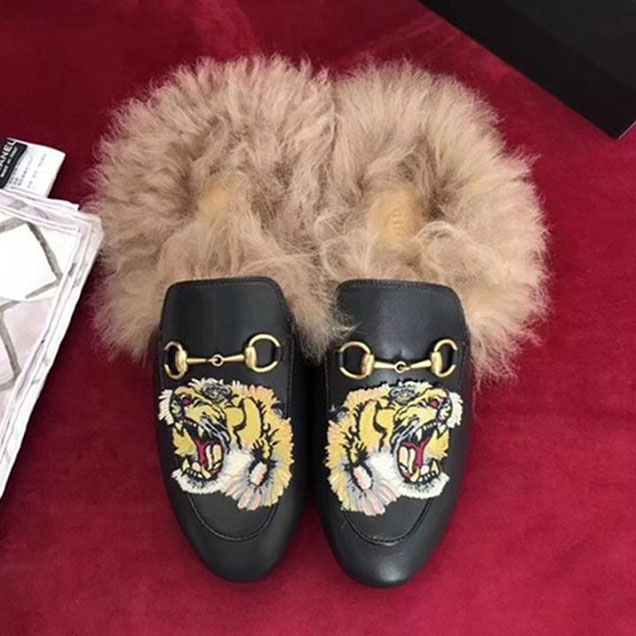 Gucci Tiger Embellished Princetown Mink Fur Mules Slipper Calfskin Leather Fall Winter 2017 Collection Black