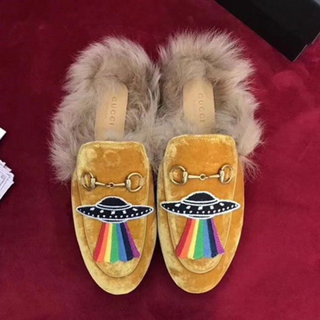 Gucci Velvet Princetown Embellished Spaceship Mink Fur Mule Slipper Calfskin Leather Fall Winter 2017 Collection Yellow