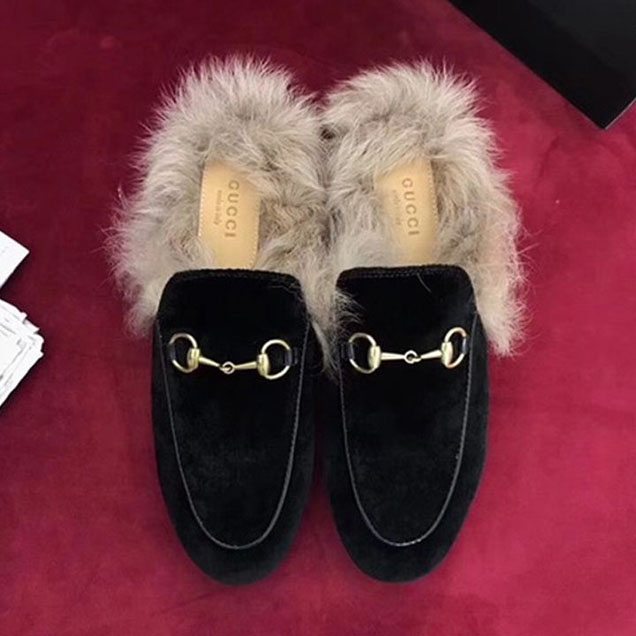 Gucci Velvet Princetown Mink Fur Mules Slipper Calfskin Leather Fall Winter 2017 Collection Black