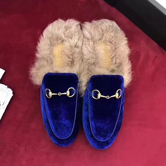 Gucci Velvet Princetown Mink Fur Mule Slipper Calfskin Leather Fall Winter 2017 Collection Electric Blue