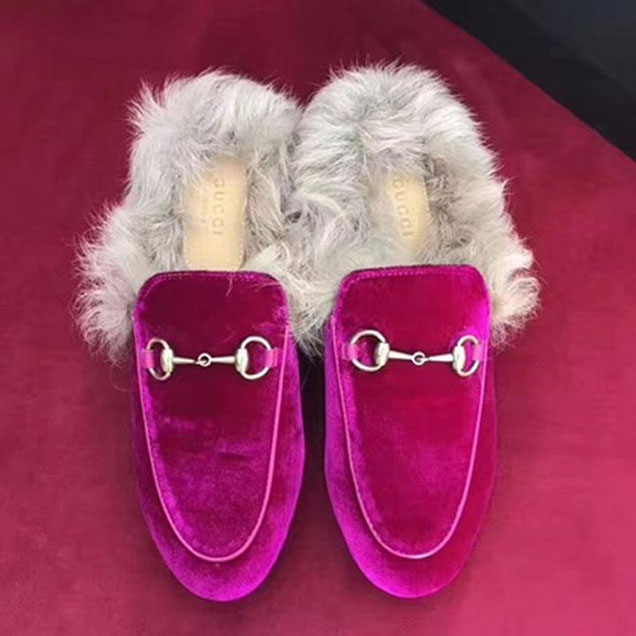 Gucci Velvet Princetown Mink Fur Mule Slipper Calfskin Leather Fall Winter 2017 Collection Fuchsia Pink