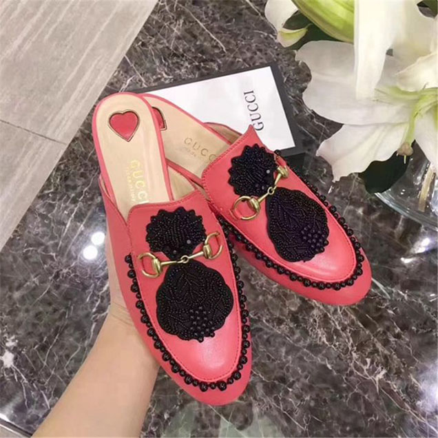 Gucci Princetown Mule Slipper Bead Embellished Calfskin Leather Fall Winter 2017 Collection Pink Black