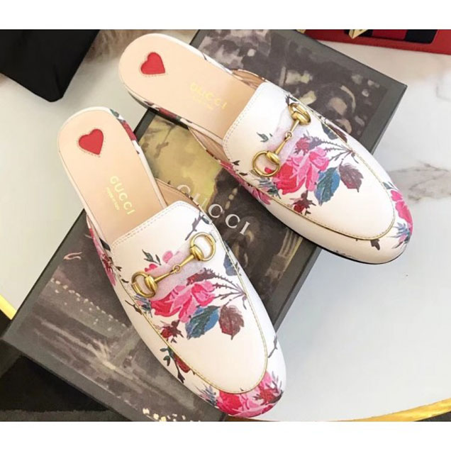 Gucci Horsebit Princetown Leather Flower Print Slipper Sandals 2018