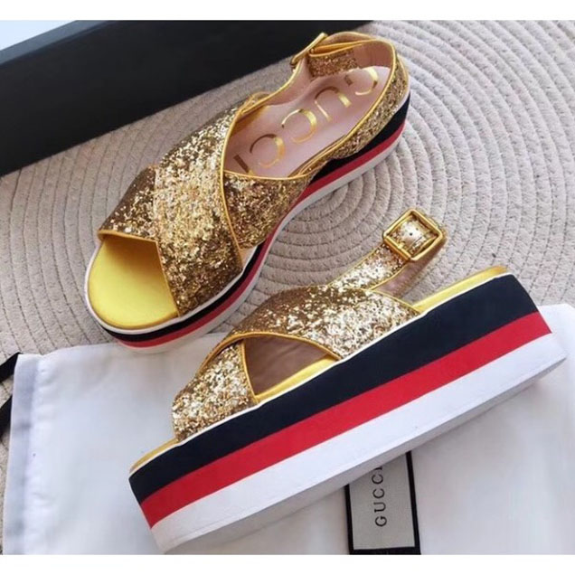 Gucci Crossover Platform Sandals Glitter Gold 2018