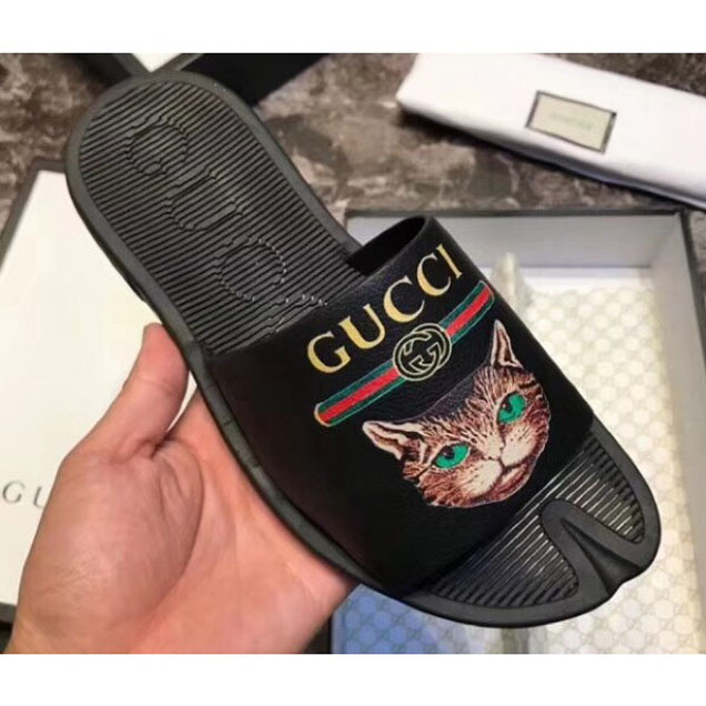 Gucci Men's Slide Sandals Cat Black 2018