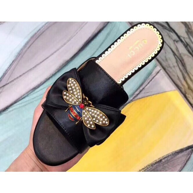 Gucci Leather Bow With Metal Bee Slides 524639 Black 2018