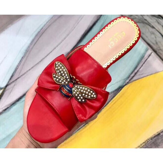 Gucci Leather Bow With Metal Bee Slides 524639 Red 2018