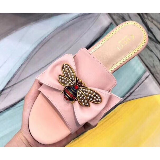 Gucci Leather Bow With Metal Bee Slides 524639 Pink 2018