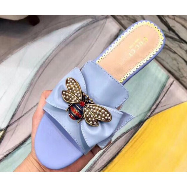 Gucci Leather Bow With Metal Bee Slides 524639 Sky Blue 2018