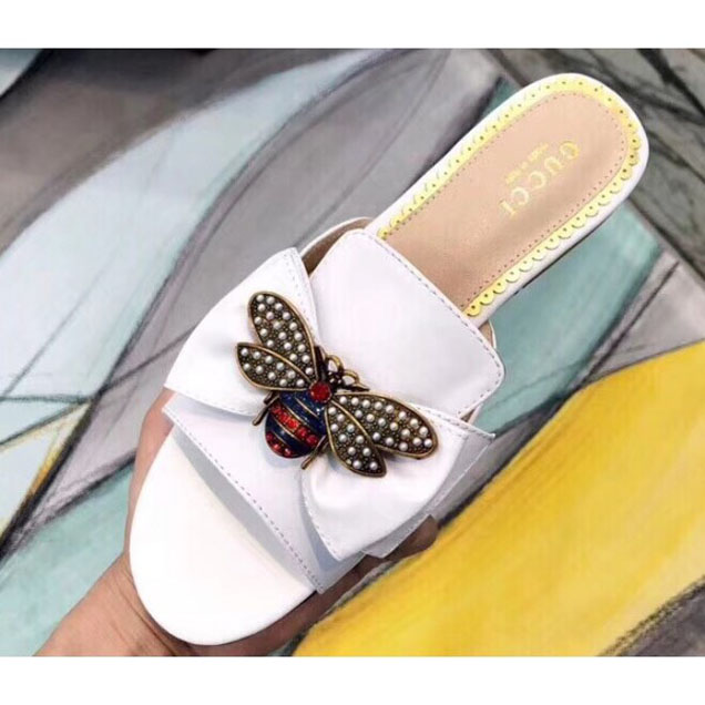 Gucci Leather Bow With Metal Bee Slides 524639 White 2018