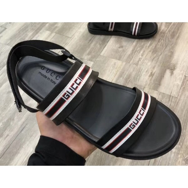 Gucci Logo Leather Stripe Straps Men's Sandals Black/Red/White 2018