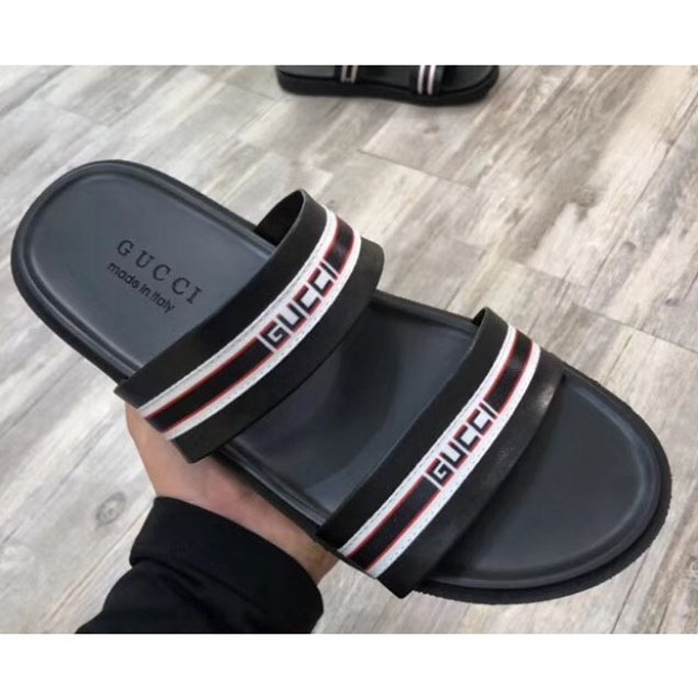 Gucci Logo Leather Stripe Straps Men's Slide Sandals Black/Red/White 2018