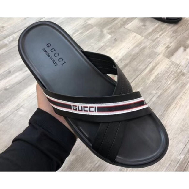 Gucci Logo Leather Stripe Straps Crossed Straps Men's Slide Sandals Black/Red/White 2018