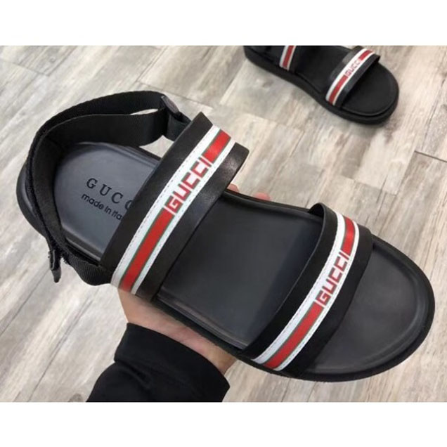 Gucci Logo Leather Stripe Straps Men's Sandals Black/White/Red 2018