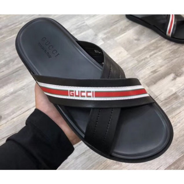 Gucci Logo Leather Stripe Straps Crossed Straps Men's Slide Sandals Black/White/Red 2018