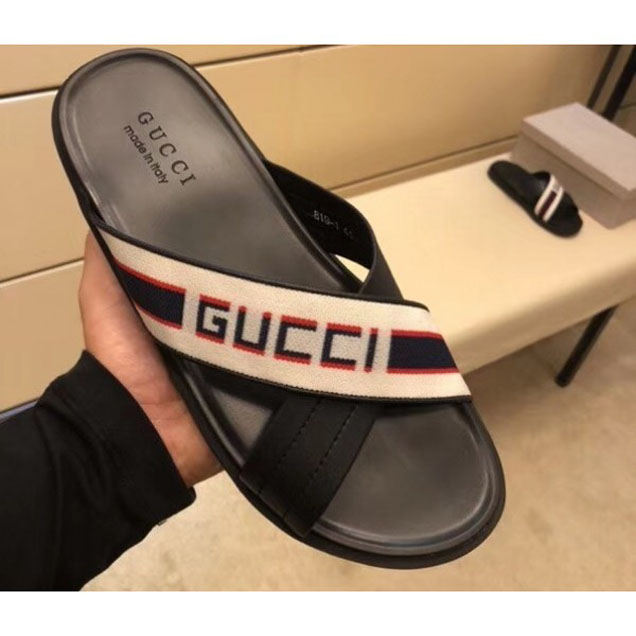 Gucci Logo Jacquard Stripe Straps Crossed Straps Men's Slide Sandals 2018