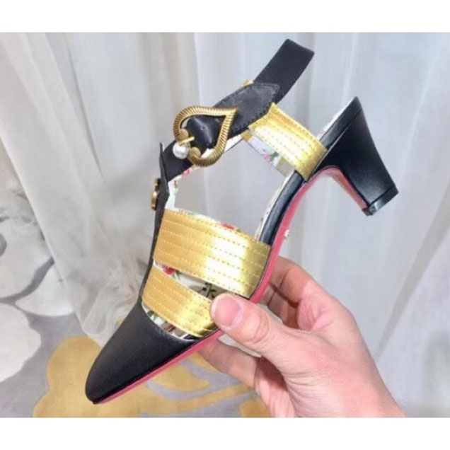 Gucci Leather Mid-Heel 5cm T-Strap Sandals 497485 Black/Gold 2018