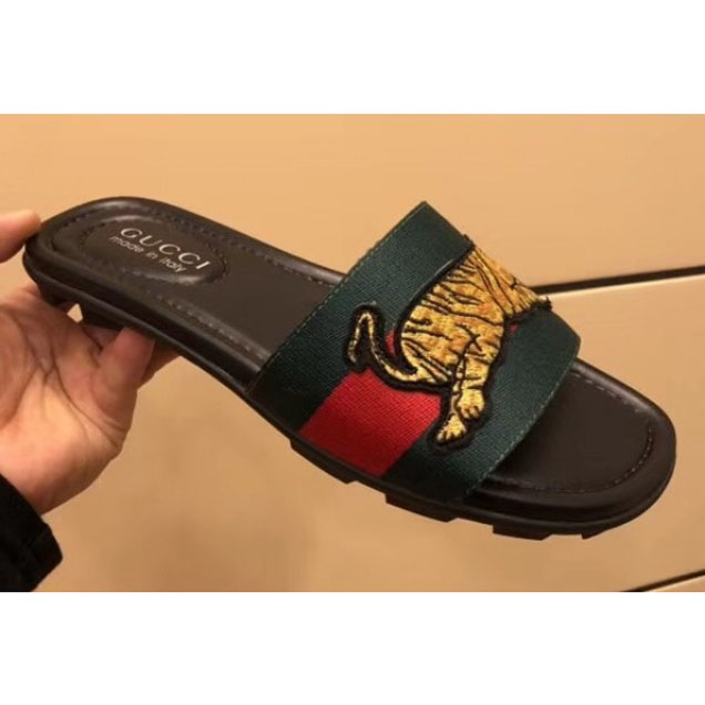 Gucci Green/Red Web Men's Slide Sandals with Tiger 2018