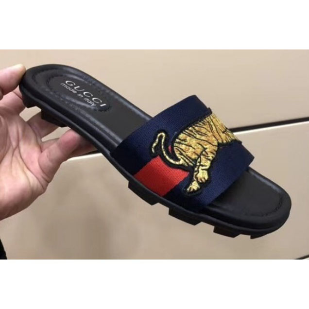 Gucci Blue/Red Web Men's Slide Sandals with Tiger 2018