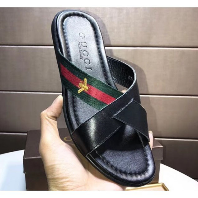 Gucci Leather and Web Bee Crossed Straps Men's Slide Sandals Black 2018