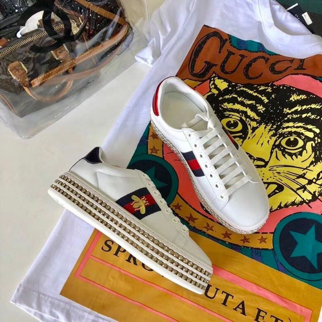 Gucci Ace Web Bee Embroidered Platform Sneaker with Crystals 505996 Spring Summer 2018 Collection White