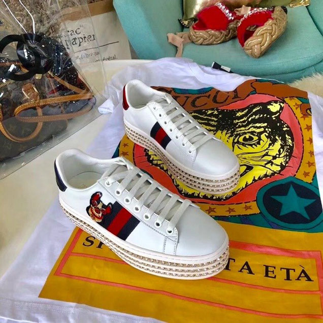 Gucci Ace Web Dog Embroidered Platform Sneaker with Crystals 505995 Spring Summer 2018 Collection White