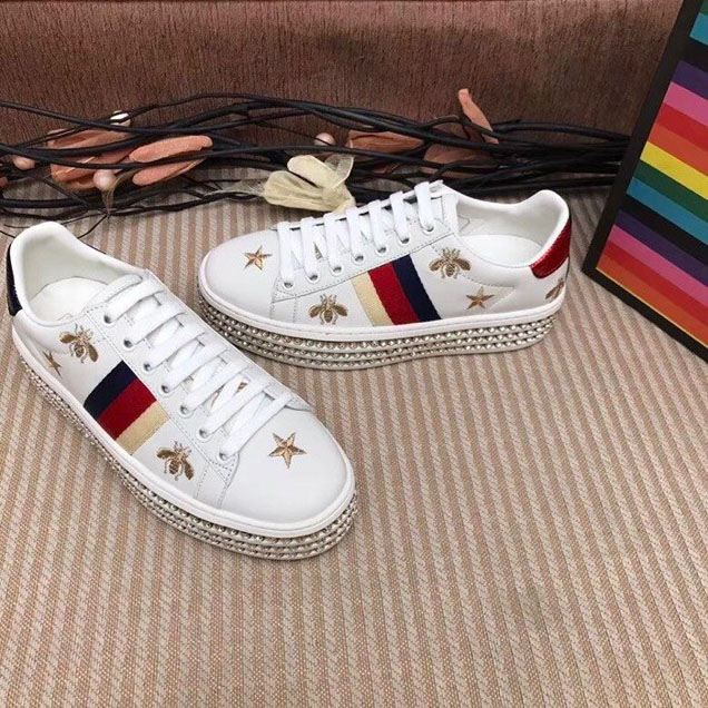 Gucci Ace Web Bee Embroidered Platform Sneaker with Crystals 505995 Calfskin Leather Spring Summer 2018 Collection White