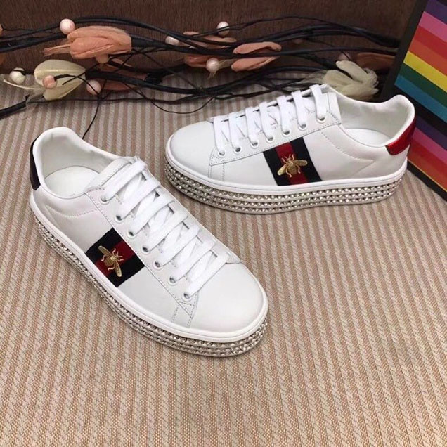 Gucci Ace Web Bee Embroidered Platform Sneaker with Crystals 505996 Calfskin Leather Spring Summer 2018 Collection White