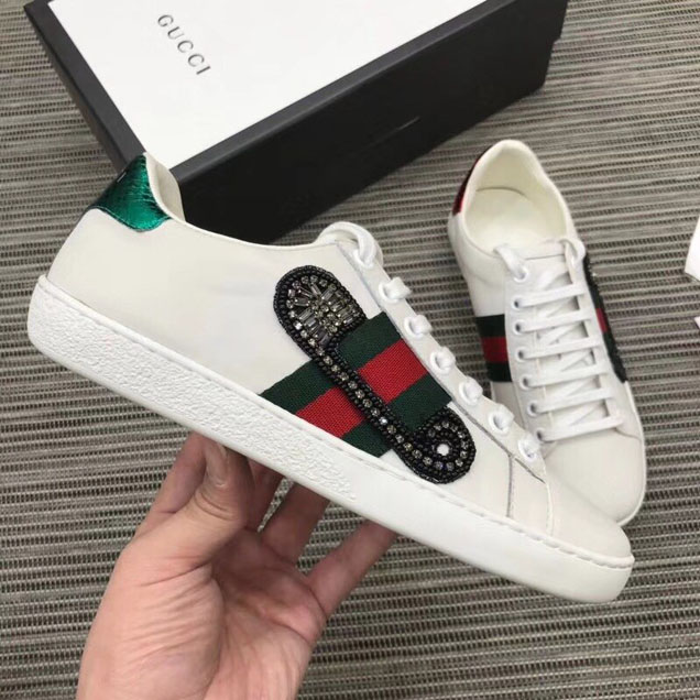 Gucci Ace Embroidered Sneaker with Crystal Embroidered Safety Pin Applique 454552 Calfskin Leather Spring Summer 2018 Collection White