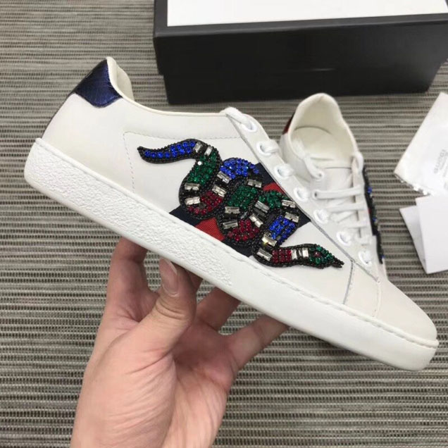 Gucci Ace Embroidered Sneaker with Crystal Embroidered Kingsnake Appliqué 460203 Calfskin Leather Spring Summer 2018 Collection White