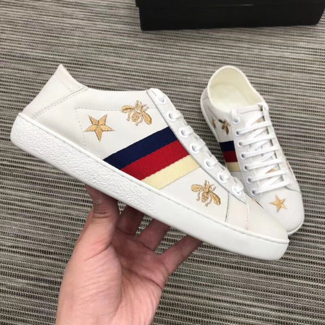 Gucci Ace Embroidered Sneaker with Bees and Stars 498205 Calfskin Leather Spring Summer 2018 Collection White