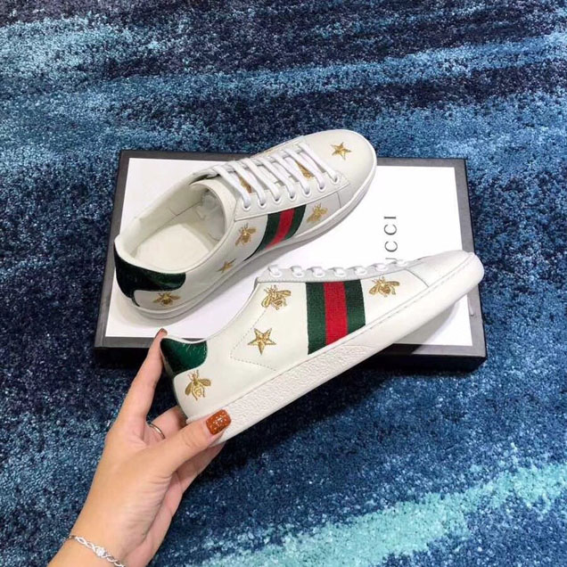 Gucci Ace Embroidered Bees Stars Sneaker 386750 Calfskin Leather Spring Summer 2018 Collection White