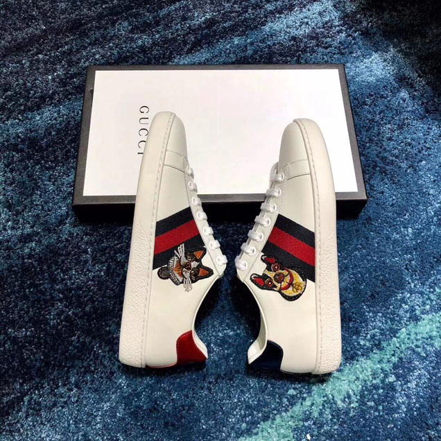 Gucci Embroidered Boston Terrier Bosco Orso Patch Ace Sneaker 501908 Calfskin Leather Spring Summer 2018 Collection White