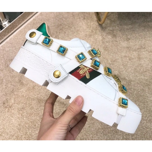 Gucci Flashtrek Sneaker with Removable Crystals White/Green/Gold 2019