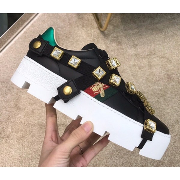 Gucci Flashtrek Sneaker with Removable Crystals Black/White/Gold 2019