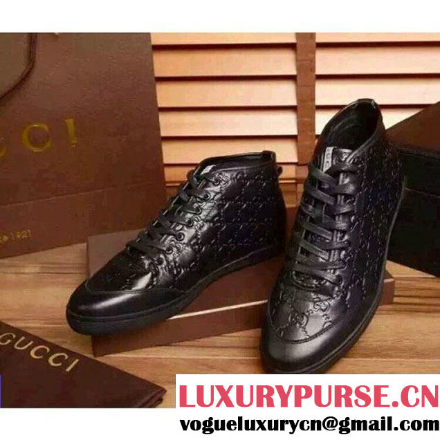 Gucci GG Embossed Calfskin Flat Shoes For Men in Black 2016 (DH-010833 )