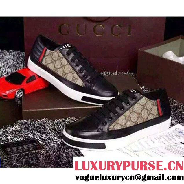 Gucci Black Calfskin Leather And GG Fabric Shoes For Men With White Outsole 2016 (DH-010838 )