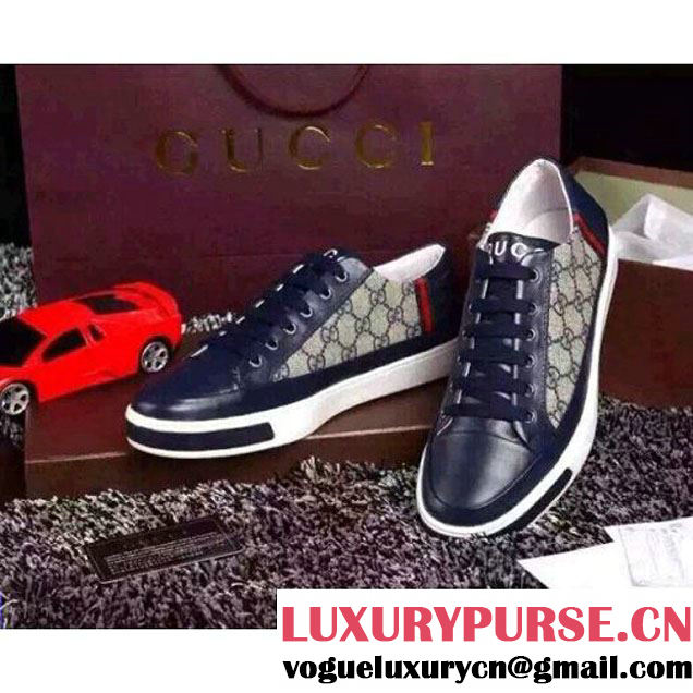 Gucci Blue Calfskin Leather And GG Fabric Shoes For Men With White Outsole 2016 (DH-010839 )