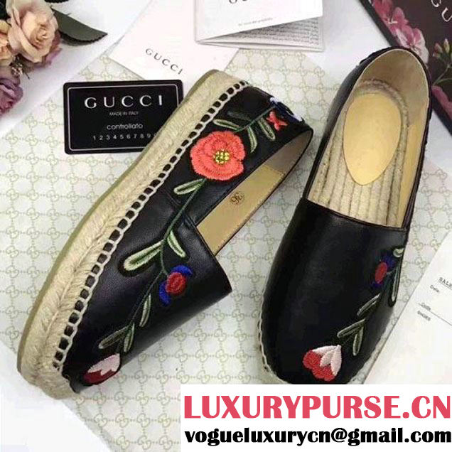 Gucci Floral Embroidered Leather Espadrille 455369 Black 2017 (JQB-7050602 )