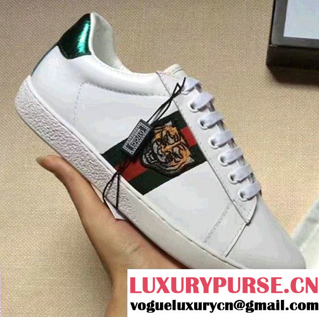 Gucci Ace Leather Embroidered Feline Head Low-top Sneaker 457132 White