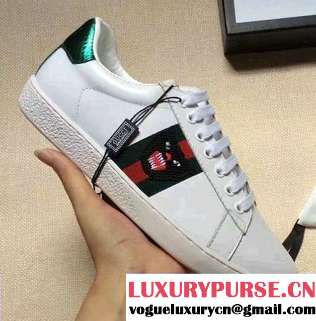 Gucci Ace Leather Embroidered Panther Head Low-top Sneaker 457131 White