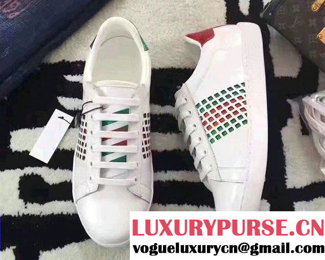 Gucci Ace Leather Low-Top Lovers Sneakers Web 429359 Cut-Out 2017