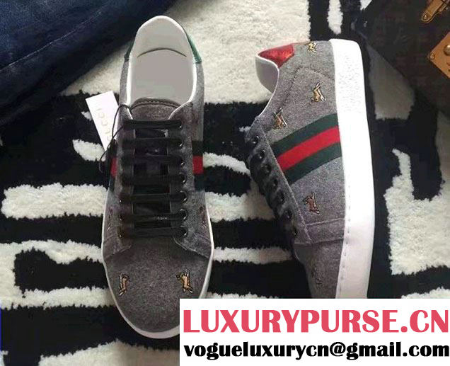 Gucci Ace Leather Low-Top Lovers Sneakers Web Gray 2017