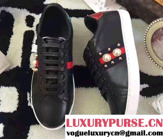 Gucci Ace Leather Low-Top Lovers Sneakers Web 431887 Studded Pearl Black 2017