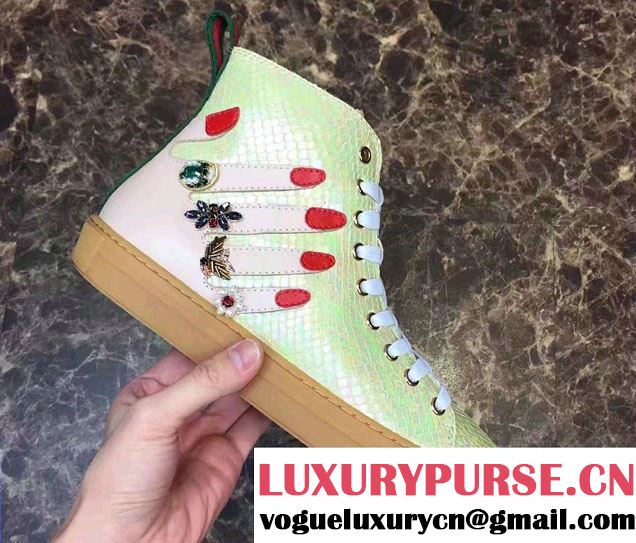 Gucci Hand And Crystal Encrusted Rings Embroidered High-Top Sneakers 454611 Light Green 2016