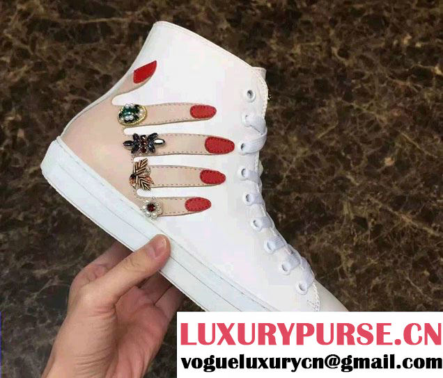 Gucci Hand And Crystal Encrusted Rings Embroidered High-Top Sneakers 454611 White 2016