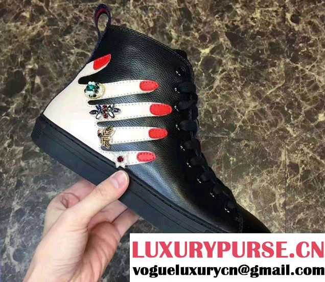 Gucci Hand And Crystal Encrusted Rings Embroidered High-Top Sneakers 454611 Black 2016