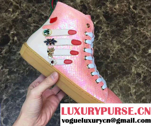 Gucci Hand And Crystal Encrusted Rings Embroidered High-Top Sneakers 454611 Pink 2016