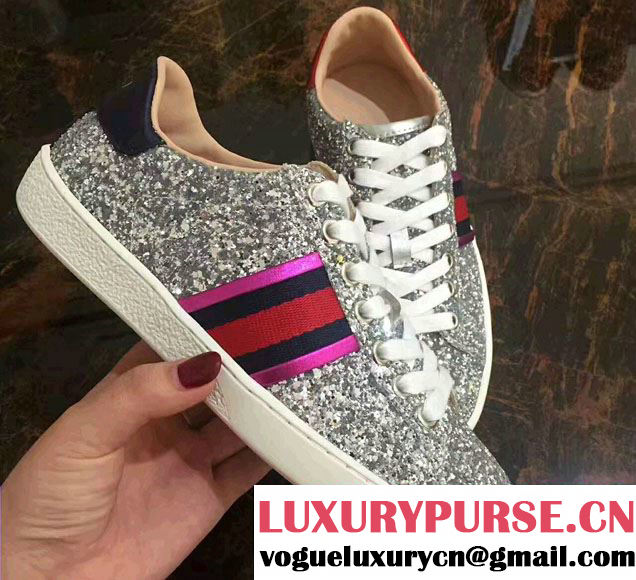 Gucci Web Ace Glitter Sneakers 475213 Silver 2017