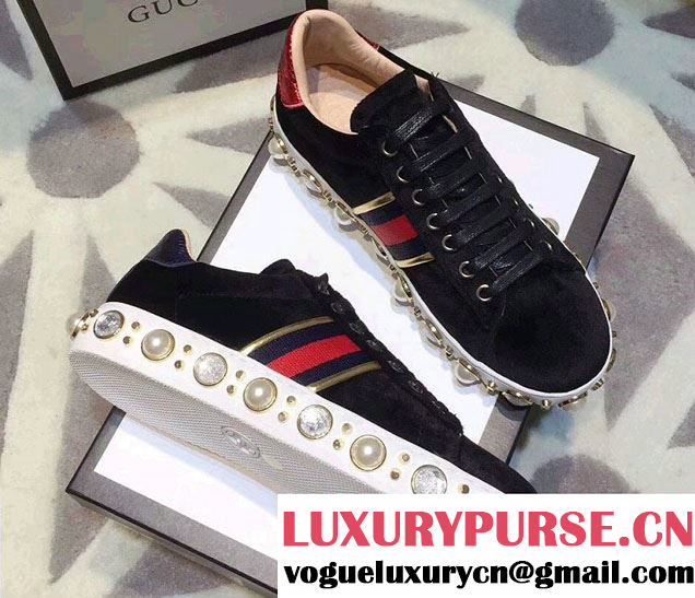 Gucci Ace Leather Studded and Pearl Velvet Sneakers 2017